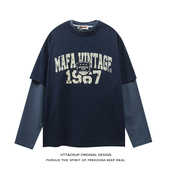 HTTAOSUP美式 T恤男女oversize卫衣ins情侣 复古水洗做旧假两件长袖