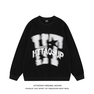 HTTAOSUP高街涂鸦字母圆领卫衣男女加绒美式 潮牌嘻哈oversize情侣