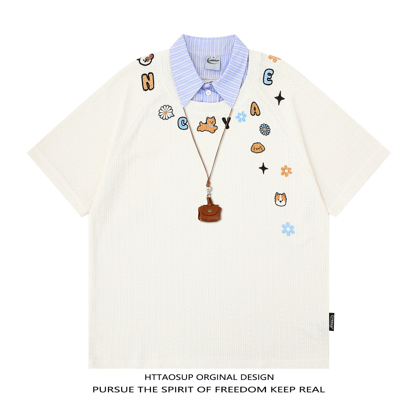 HTTAOSUP夏季复古港风刺绣拼接挂件假两件套男女情侣T恤短袖罩衫