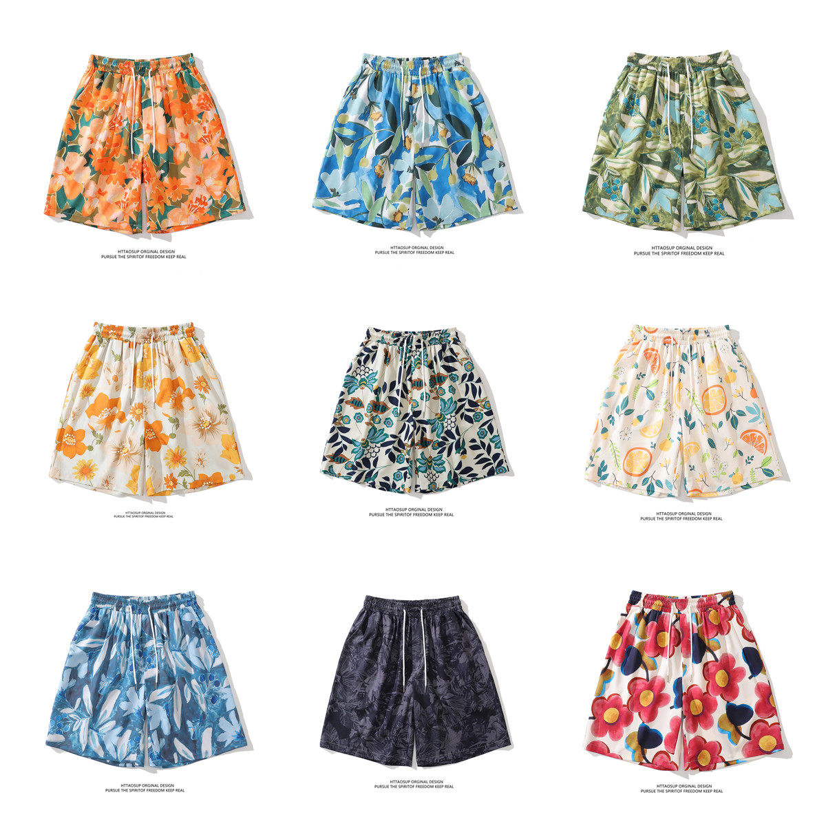 HTTAOSUP港风复古碎花运动短裤男潮牌夏威夷风情侣宽松直筒沙滩裤