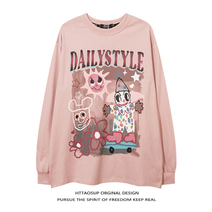 街头痞帅圆领卫衣秋 男女美式 HTTAOSUP原创潮牌卡通印花长袖 打底衫