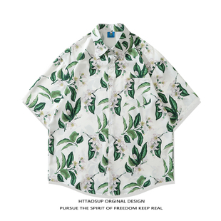 HTTAOSUP夏季 男街头宽松情侣夏威夷风百搭衬衣 花衬衫 潮牌满印短袖