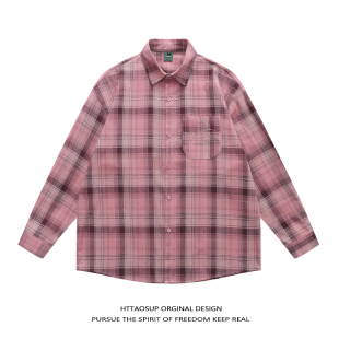 HTTAOSUP格子衬衫 女春秋休闲小众设计感复古慵懒风外套防晒上衣潮