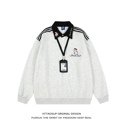 港风复古撞色翻领卫衣情侣装秋季