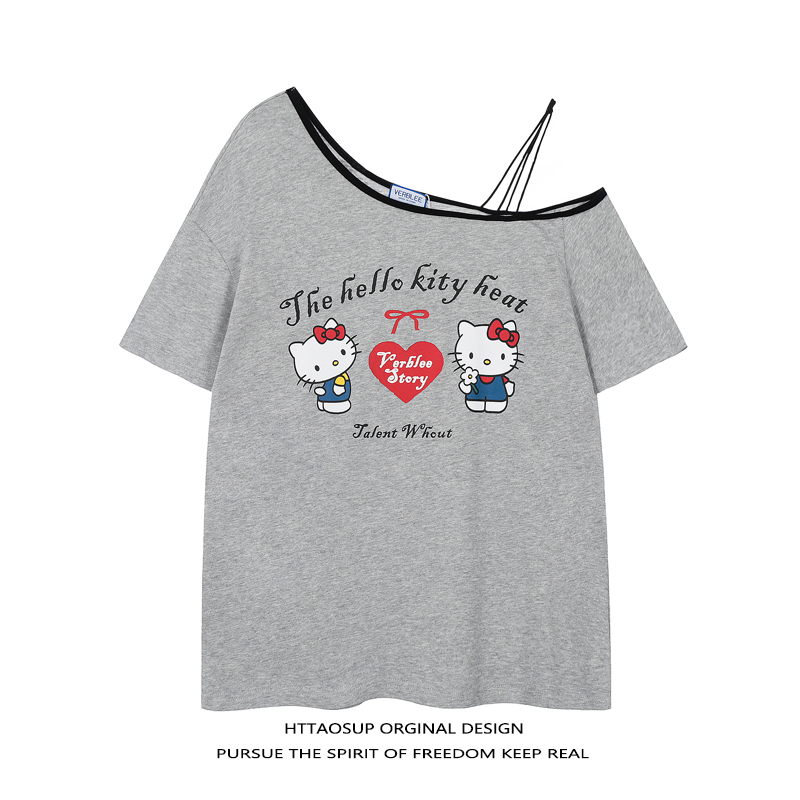 HTTAOSUP可爱kitty猫印花露肩短袖T恤女2025夏季款宽松设计感上衣