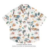 男女宽松潮流情侣花衬衣 衬衫 HTTAOSUP夏季 复古满印夏威夷沙滩短袖