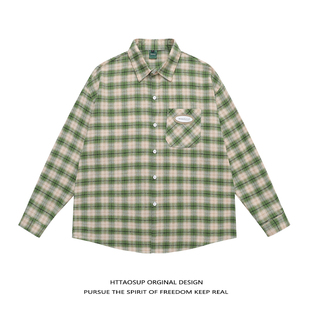 HTTAOSUP绿色格子衬衫 衬衣潮 外套男女小众设计感上衣宽松格纹长袖