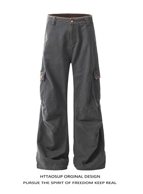 HTTAOSUP美式复古多口袋灰色工装裤男女宽松阔腿直筒裤休闲伞兵裤