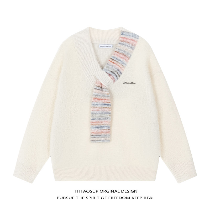 HTTAOSUP日系休闲围脖拼接设计感针织衫男女V领休闲百搭情侣毛衣