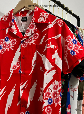 HTTAOSUP bkpp欧儿同款红扶桑花衬衫男女泰国ALOHA夏威夷短袖衬衣