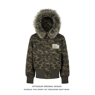 HTTAOSUP毛领迷彩夹克连帽小外套女美式复古潮牌辣妹修身短款开衫