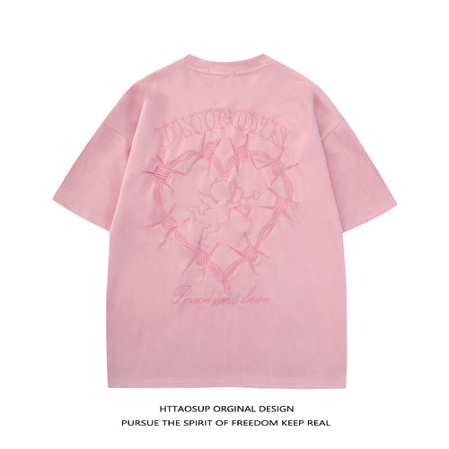 刺绣麂皮绒短袖T恤甜酷休闲上衣