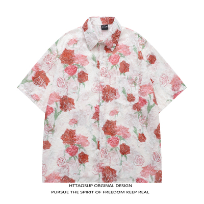 港风复古花卉满印短袖衬衫外套