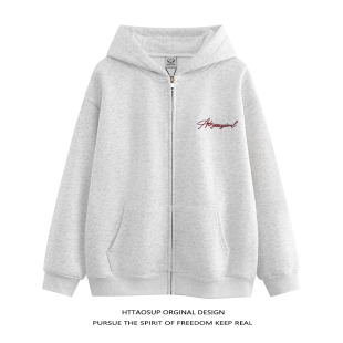 HTTAOSUP复古美式 卫衣男女休闲潮流外套 春秋花体字母刺绣连帽开衫