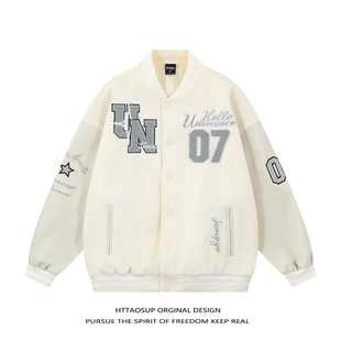 HTTAOSUP美式 复古字母刺绣学院风棒球服男女vintage情侣夹克外套