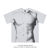 HTTAOSUP美式 T恤男高街oversize情侣上衣 街头趣味肌肉男印花短袖