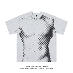 HTTAOSUP美式 T恤男高街oversize情侣上衣 街头趣味肌肉男印花短袖