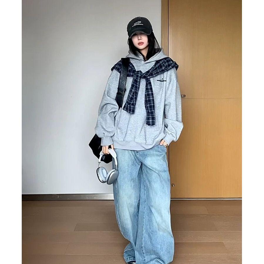 拼接设计感假两件格纹披肩连帽卫衣男女韩版潮牌宽松百搭套头外套