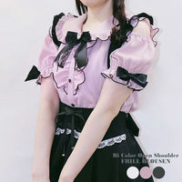rojita's "Tomorrow's Girlfriend" Harajuku black and pink off-the-shoulder lace patchwork bow short-sleeved shirt top thumbnail 3