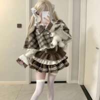 Little Bear Mousse, sweet and girlish, khaki winter cape, velvet cake, shoulder strap skirt, knitted top set thumbnail 7
