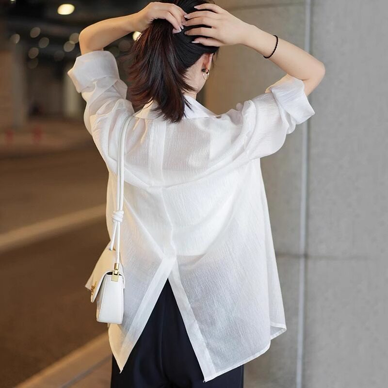 天丝薄款白色防晒衬衫女夏宽松防紫外线透气雪纺防晒衣外套空调衫