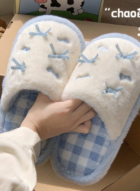 蝴蝶结棉拖鞋女款秋冬可爱高颜值