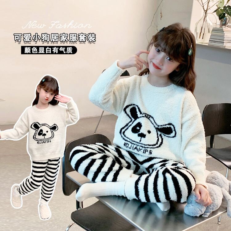 加厚款/好品质/女童半边绒家居服睡衣套装冬装家居服两件套