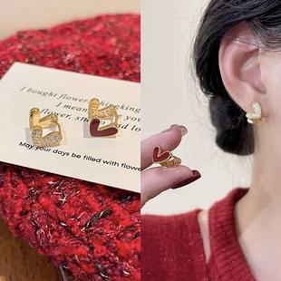 s925银针耳饰红色双面爱心满钻耳扣女轻奢小众设计感精致百搭耳环