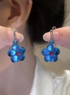 s925银针耳饰蓝色花朵耳钩女轻奢小众设计感高级气质百搭精致耳环