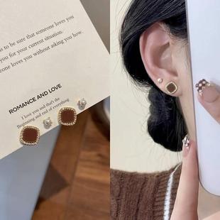 s925银针耳饰美拉德咖色小方块珍珠耳钉四件套精致小巧养耳洞耳环