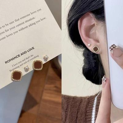 美拉德咖色小方块珍珠耳钉四件套