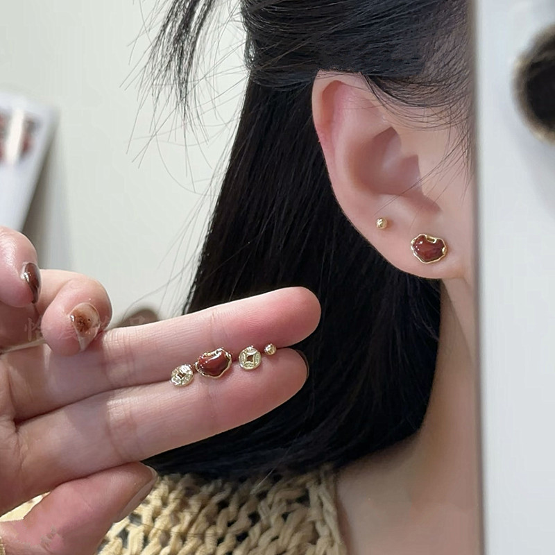 红色平安锁铜钱豆豆耳钉六件套