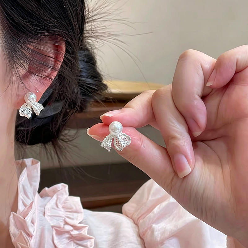 超仙蕾丝蝴蝶结珍珠耳钉女