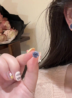 s925银针耳饰烟雾紫玫瑰花耳钉女