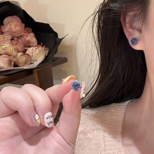 s925银针耳饰烟雾紫玫瑰花耳钉女