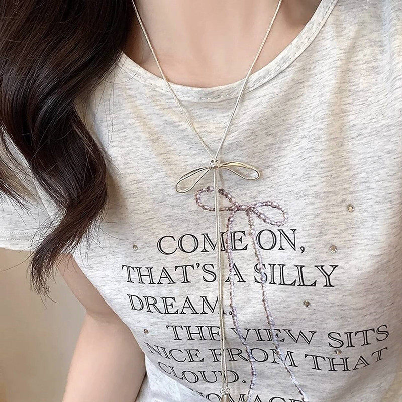 银色蝴蝶结抽拉式项链女简约冷淡风长款配饰韩系卫衣链锁骨链颈链