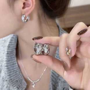 s925银针耳饰银色菱格纹理耳扣小众设计感时尚 简约气质百搭耳环女