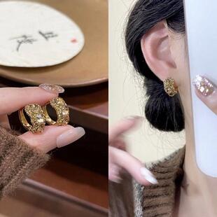 s925银针耳饰秋冬复古咖色锆石耳扣耳环女小众设计感时尚 气质耳圈