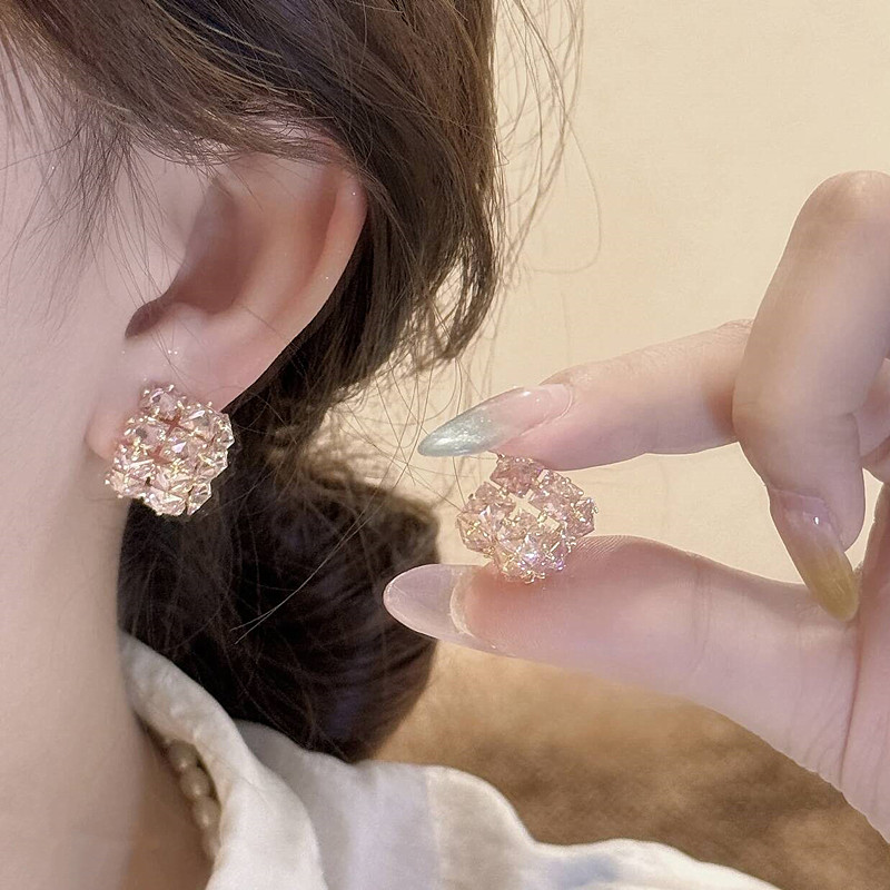 s925银针粉色菱形锆石耳钉