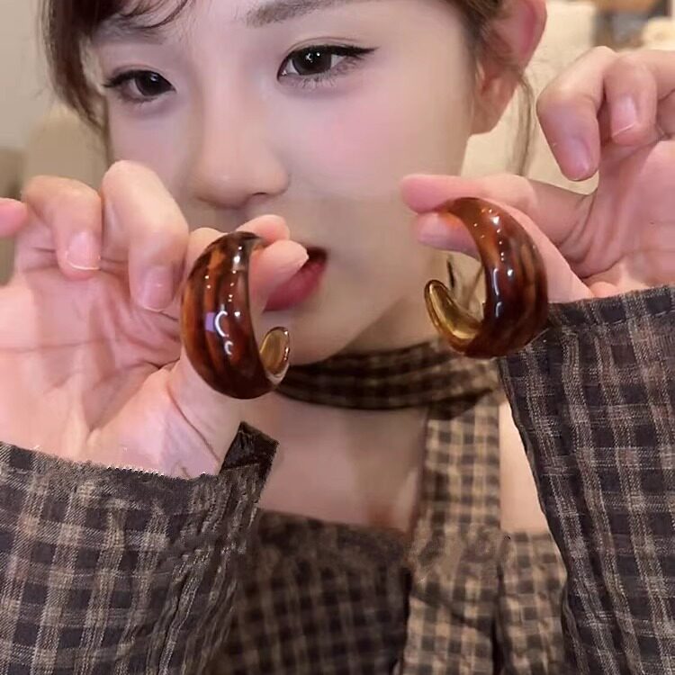 925银针复古美拉德琥珀C圈耳环女