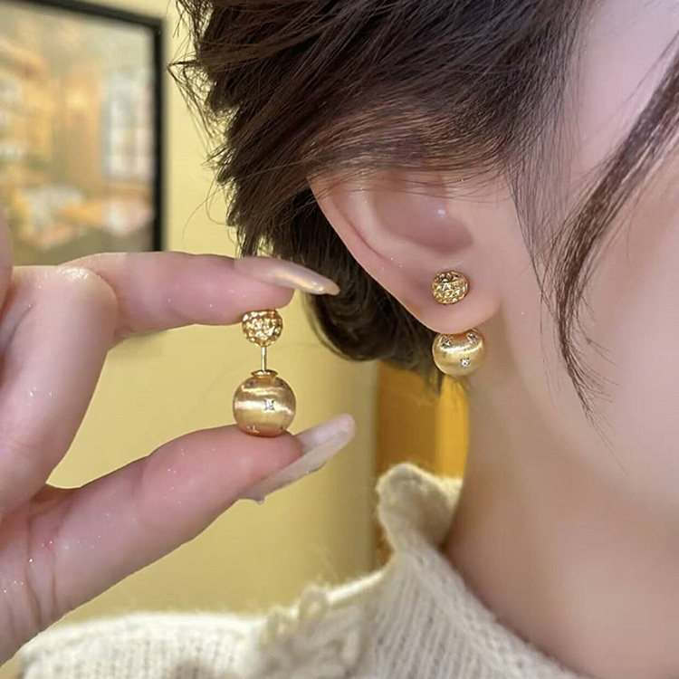 s925银针耳饰复古金色拉丝小金球两戴耳钉轻奢高级感时尚百搭耳环