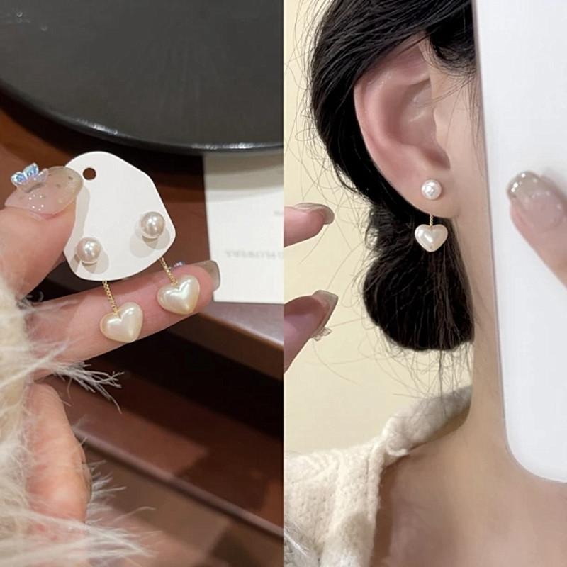 s925银针一款两戴爱心珍珠耳钉女