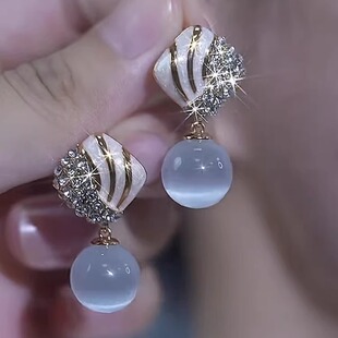 s925银针耳饰法式复古猫眼石镶钻耳钉女轻奢小众高级时尚气质耳环