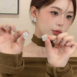 s925银针耳饰金色满钻不规则耳钉小众设计感时尚 简约气质百搭耳环