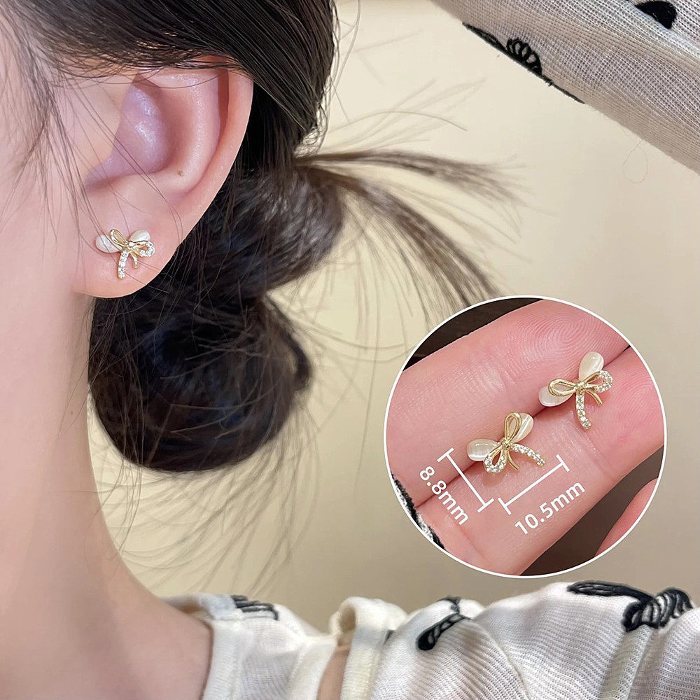 s925银针简约猫眼石蝴蝶结耳钉女