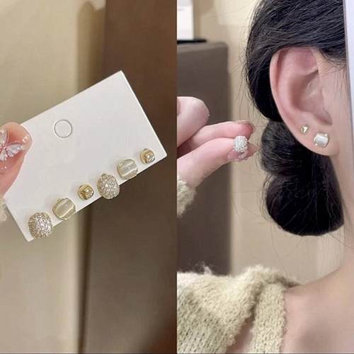 s925银针猫眼石耳钉六件套