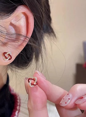 s925银针红色环绕同心结耳钉轻奢小众设计感闪钻耳环精致小巧耳饰