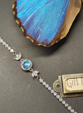 大蓝闪蝶真蝴蝶标本镀银手链圆形戒面精致ins设计生日礼物送女友