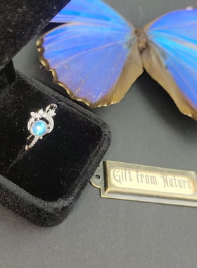 大蓝闪蝶真蝴蝶镀银戒指月亮钻石大气精致ins风生日礼物送女友