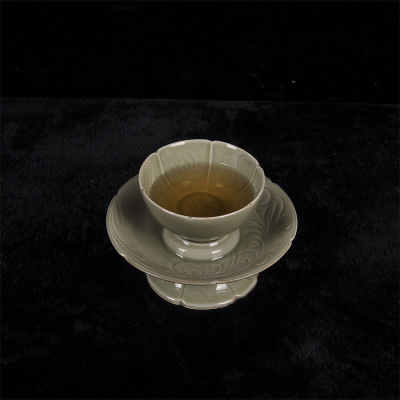 越窑青瓷茶盏手工刻花功夫茶杯茶具中式古典茶杯茶托萱草花纹茶杯